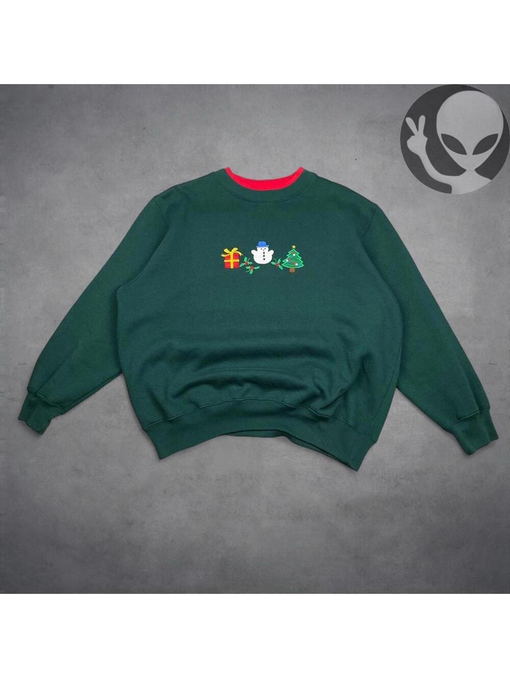 Vintage 90s Christmas Embroidered Sweatshirt Womens XL Green Double Collar Snow - Picture 3 of 6